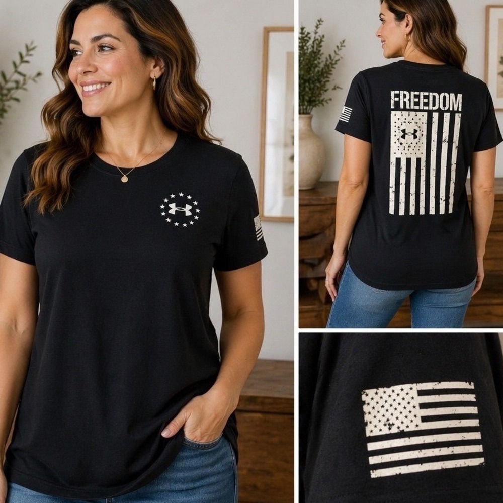 Under Armour Freedom Flag T-Shirt Womens Black Graphic‎ Short Sleeve Tee Medium